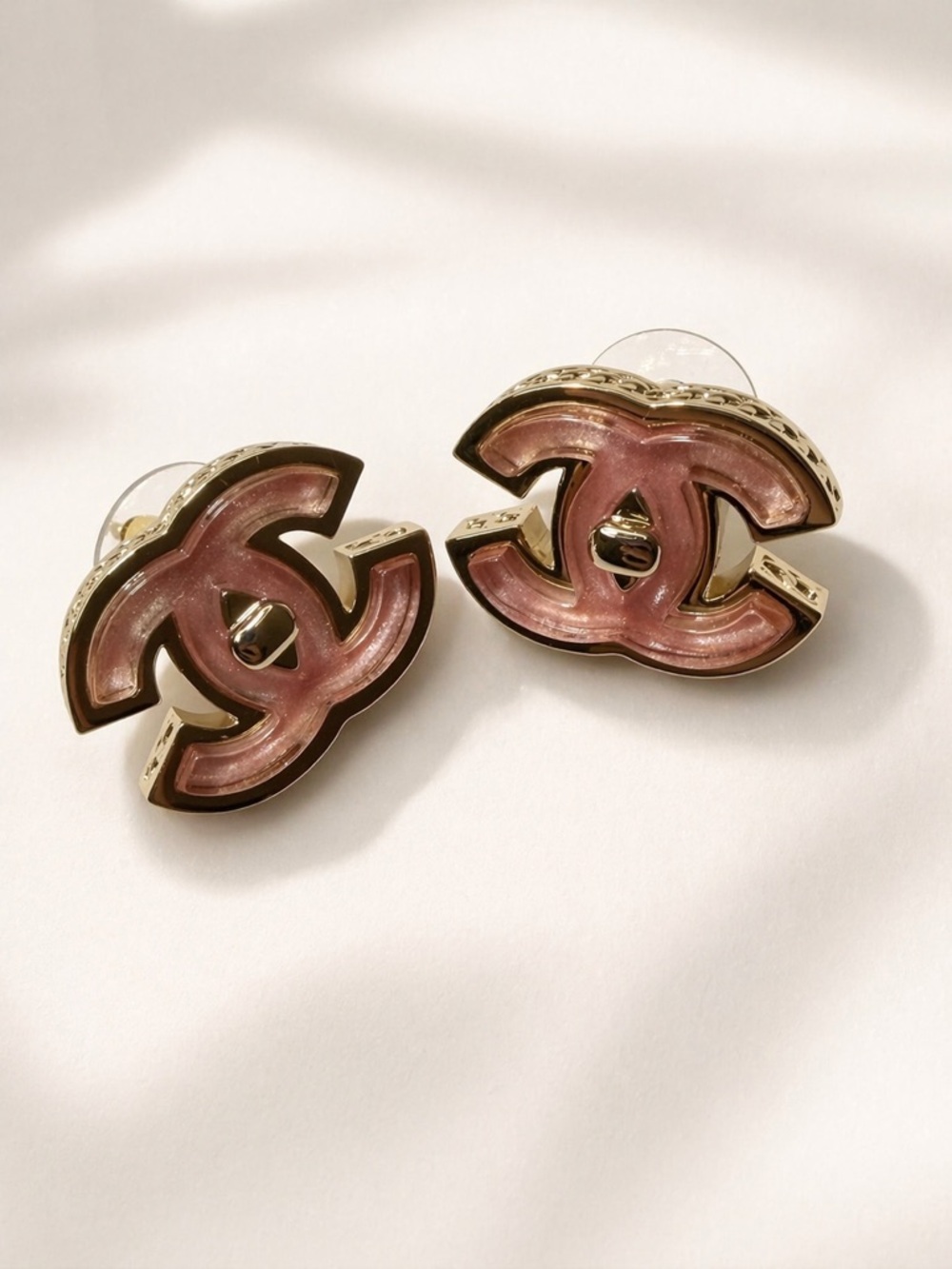 Chanel Pink And Gold Enamel CC Earrings